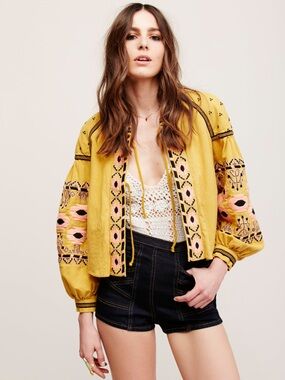 Anthropologie RD & Koko Embroidered Swing Jacket | Boho Puff Sleeve | M